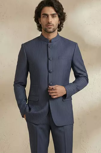 Blue woven silk bandhgala set