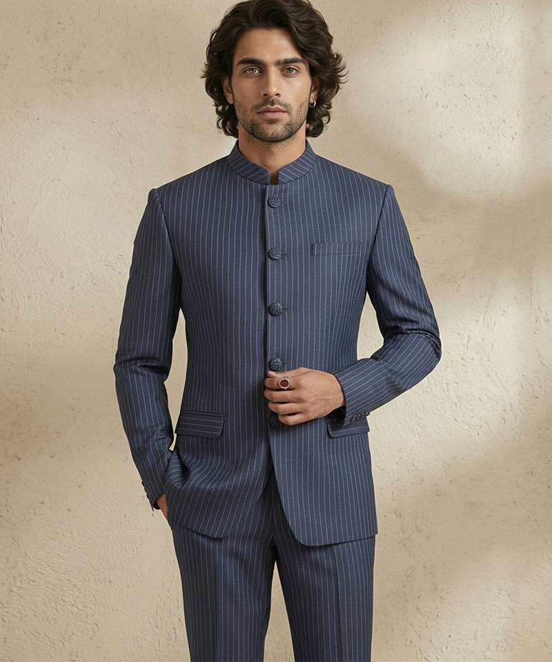 Blue woven silk bandhgala set