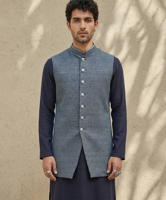 Blue woven cotton silk sherwani 4