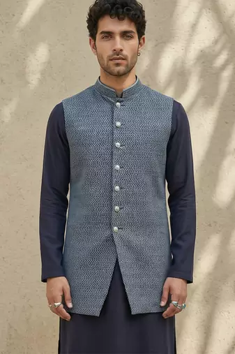 Blue woven cotton silk sherwani