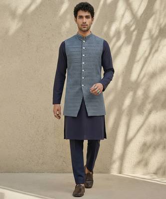 Blue woven cotton silk sherwani 5