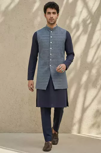 Blue woven cotton silk sherwani