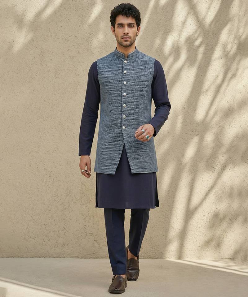 Blue woven cotton silk sherwani
