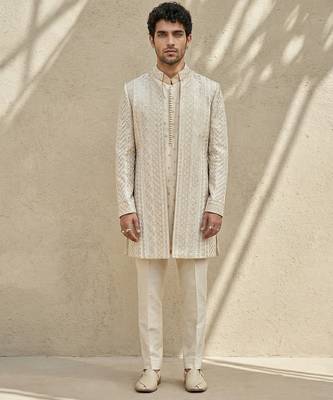 Ivory embroidered silk sherwani 1