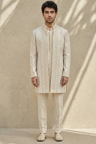 Ivory embroidered silk sherwani