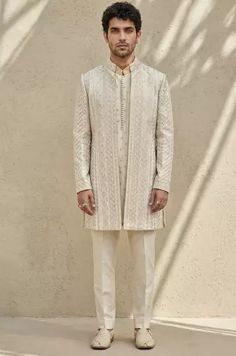Ivory embroidered silk sherwani