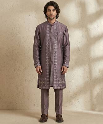 Purple embroidered raw silk kurta set 1