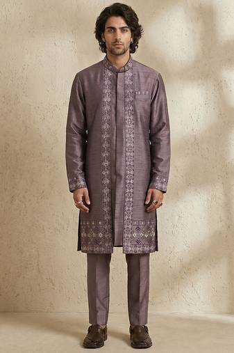 Purple embroidered raw silk kurta set