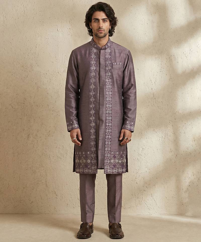 Purple embroidered raw silk kurta set