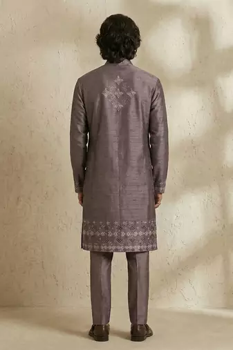 Purple embroidered raw silk kurta set