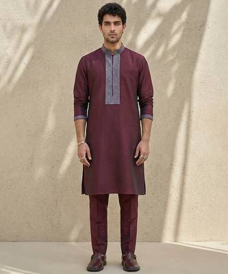 Maroon embroidered cotton silk kurta set 1