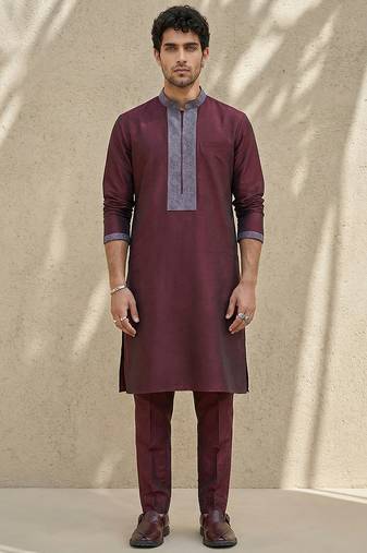 Maroon embroidered cotton silk kurta set