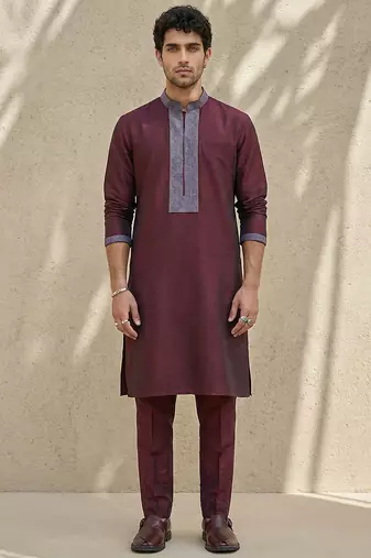Maroon embroidered cotton silk kurta set
