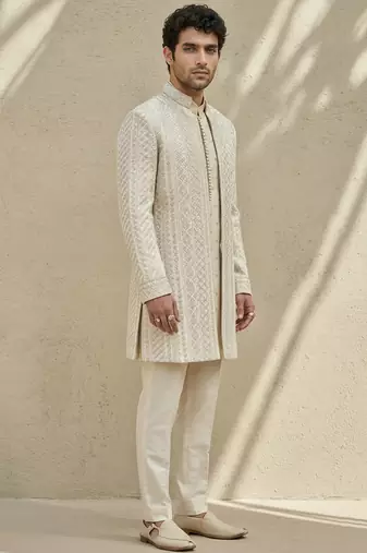 Ivory embroidered silk sherwani