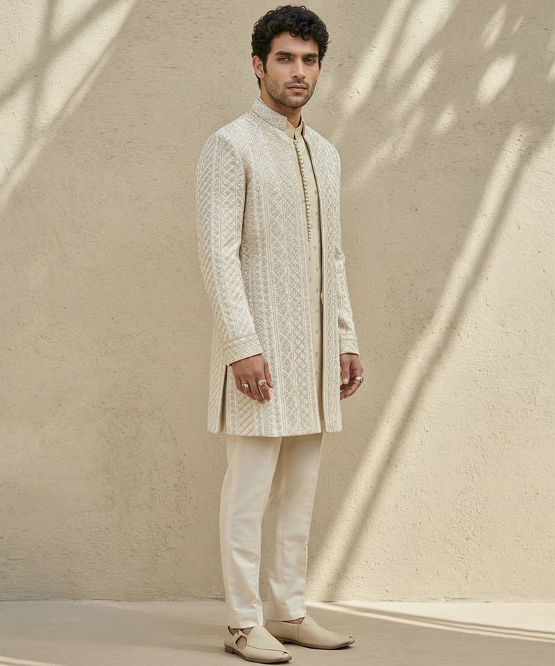 Ivory embroidered silk sherwani