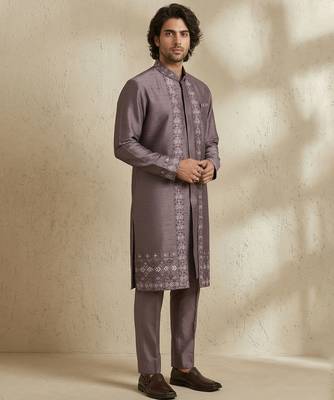 Purple embroidered raw silk kurta set 3