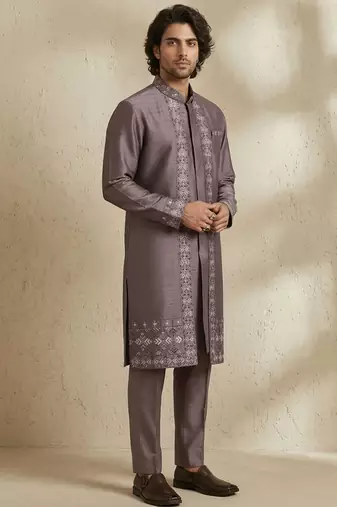 Purple embroidered raw silk kurta set