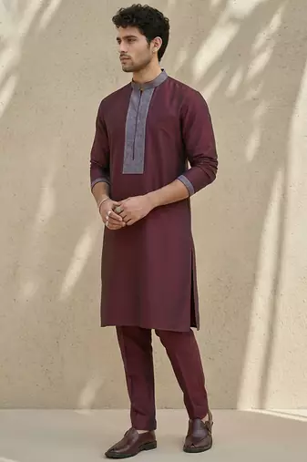 Maroon embroidered cotton silk kurta set