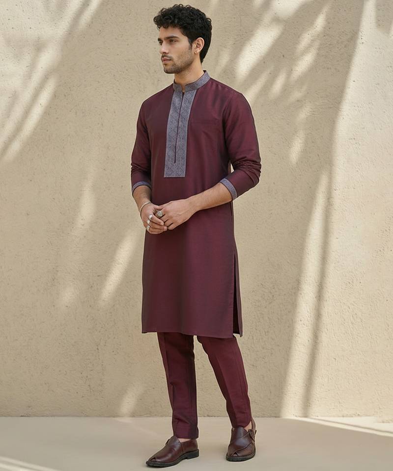 Maroon embroidered cotton silk kurta set