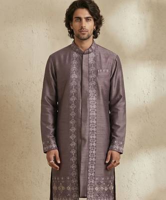 Purple embroidered raw silk kurta set 4