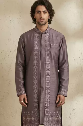 Purple embroidered raw silk kurta set