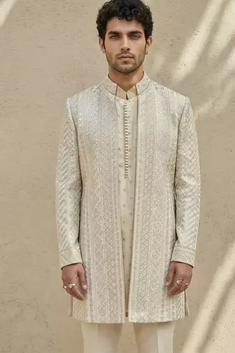 Ivory embroidered silk sherwani
