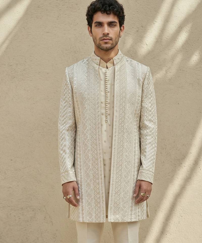 Ivory embroidered silk sherwani