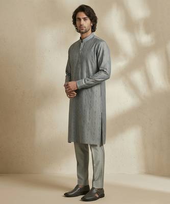Grey woven silk kurta set 2