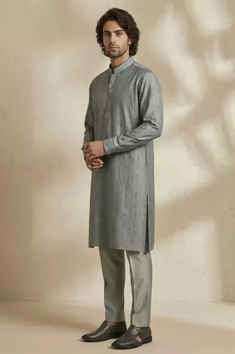 Grey woven silk kurta set