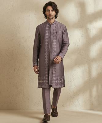 Purple embroidered raw silk kurta set 5