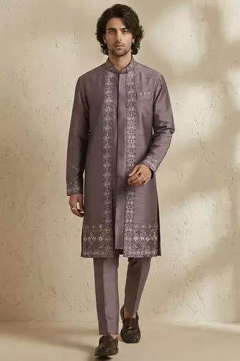 Purple embroidered raw silk kurta set