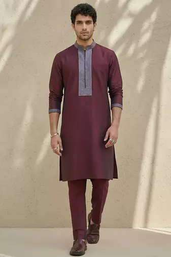 Maroon embroidered cotton silk kurta set