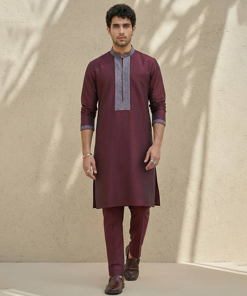 Maroon embroidered cotton silk kurta set