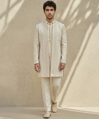 Ivory embroidered silk sherwani 5