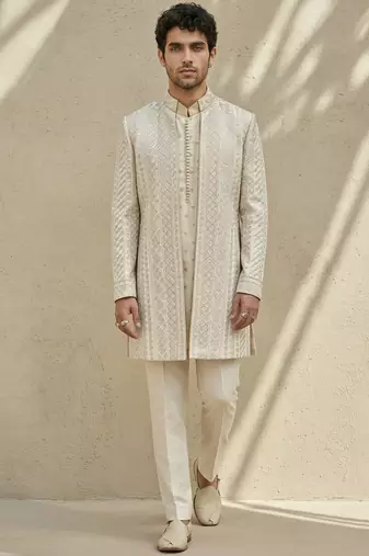 Ivory embroidered silk sherwani