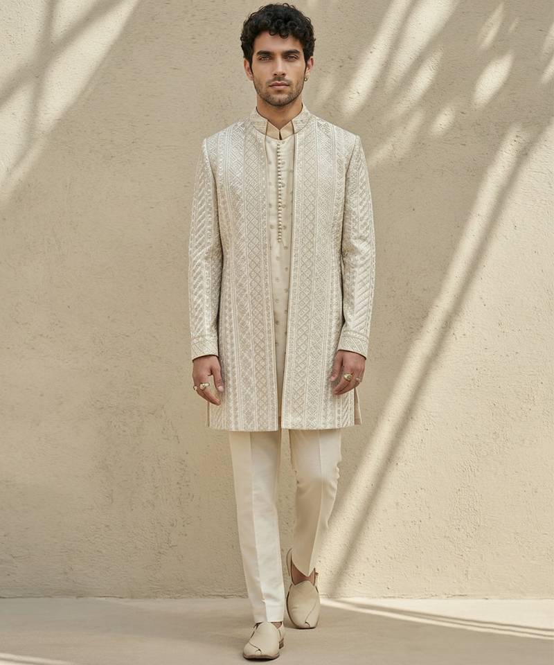 Ivory embroidered silk sherwani