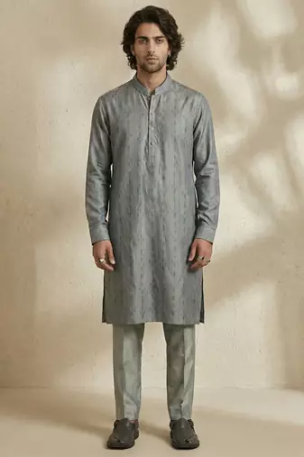 Grey woven silk kurta set