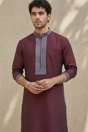 Maroon embroidered cotton silk kurta set