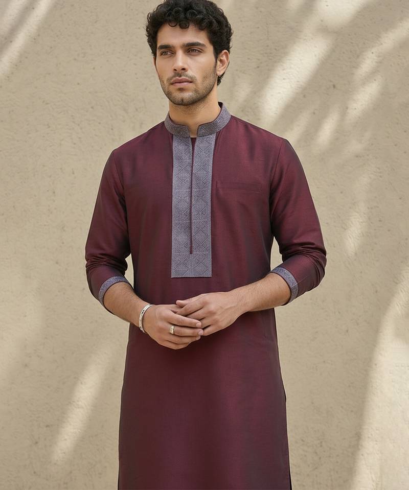 Maroon embroidered cotton silk kurta set