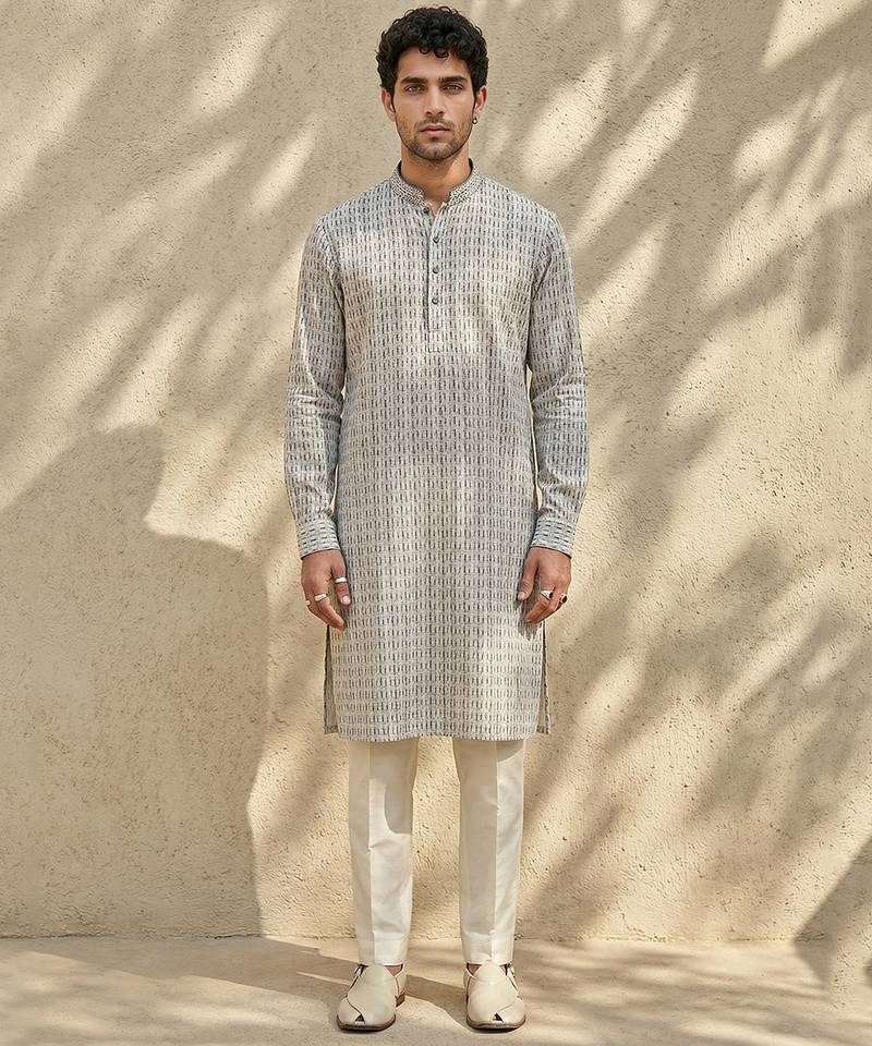 Grey woven cotton kurta set