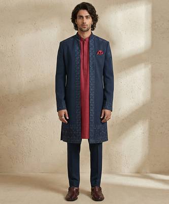 Blue embroidered crepe sherwani 1