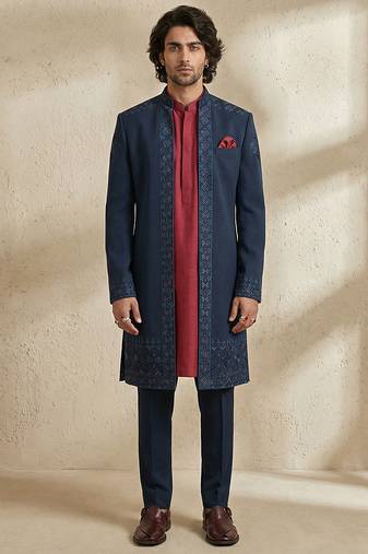 Blue embroidered crepe sherwani
