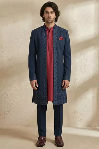 Blue embroidered crepe sherwani