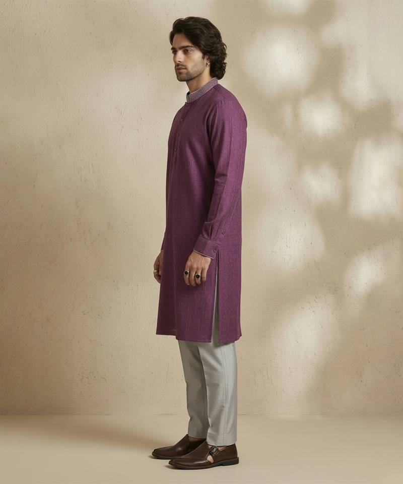 Purple woven cotton kurta set
