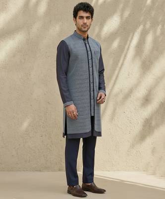 Blue woven cotton silk kurta set 1