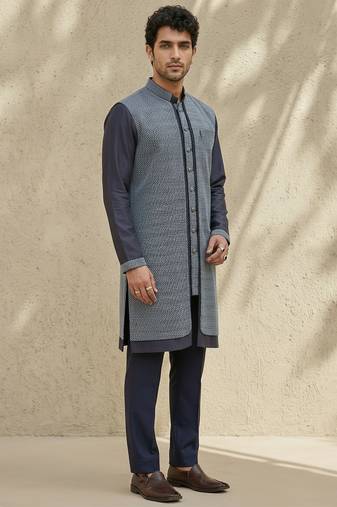 Blue woven cotton silk kurta set