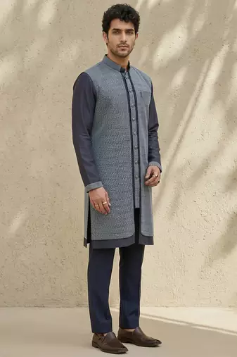 Blue woven cotton silk kurta set