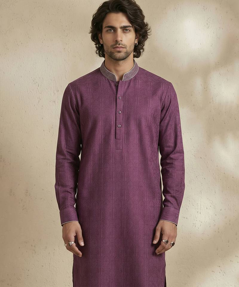 Purple woven cotton kurta set