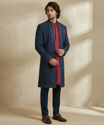 Blue embroidered crepe sherwani 2