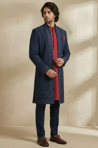 Blue embroidered crepe sherwani